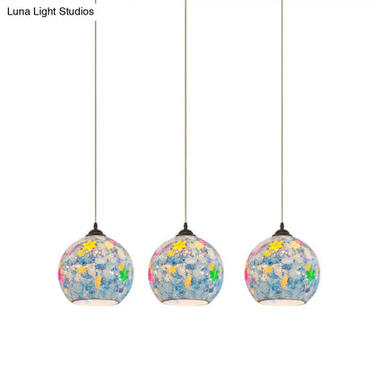 Tiffany Glass 3-Bulb Pendant Lamp with Light Blue Multi Leaf-Pattern Globe - Baroque Ceiling Suspension