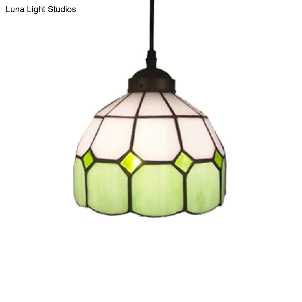 Tiffany Glass Ceiling Pendant Light - Green/Blue Hand Cut, 1-Head Suspension Lamp for Restaurants