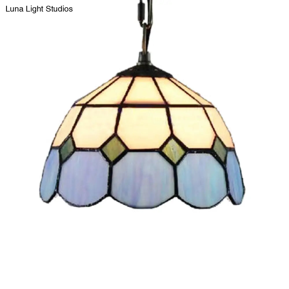 Tiffany Glass Ceiling Pendant Light - Green/Blue Hand Cut, 1-Head Suspension Lamp for Restaurants