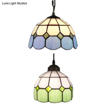 Tiffany Glass Ceiling Pendant Light - Green/Blue Hand Cut, 1-Head Suspension Lamp for Restaurants