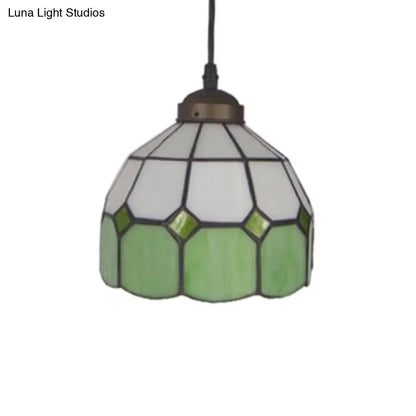 Tiffany Glass Ceiling Pendant Light - Green/Blue Hand Cut, 1-Head Suspension Lamp for Restaurants