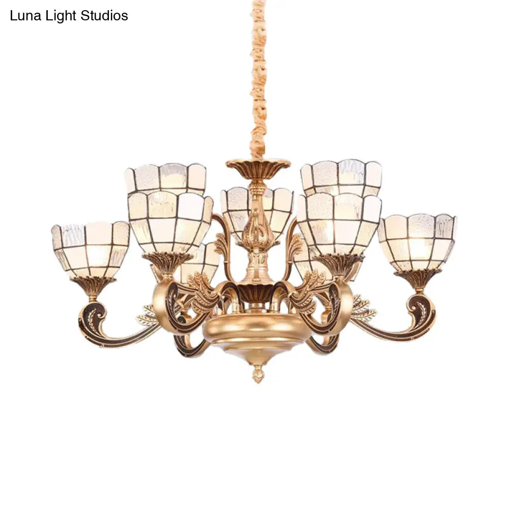 Lámpara de araña Tiffany con pantalla abovedada dorada - Lámpara colgante de cristal esmerilado de 12 luces
