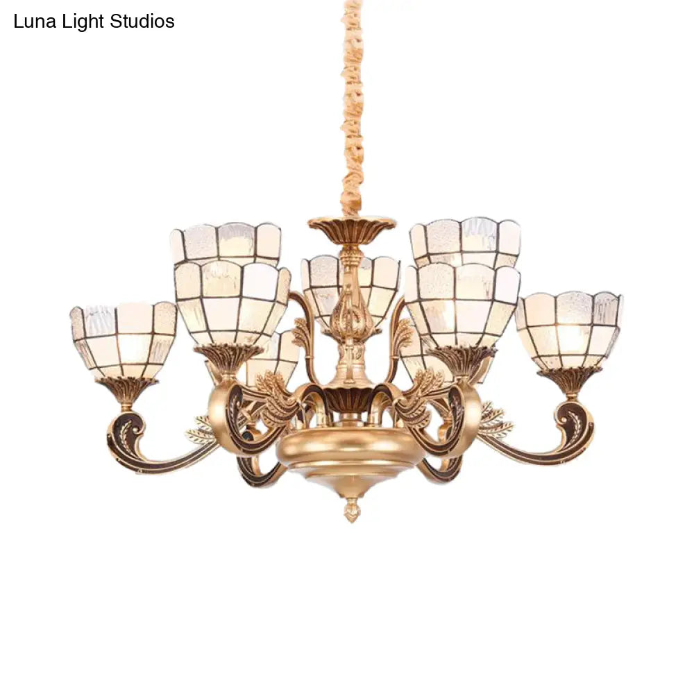 Lámpara de araña Tiffany con pantalla abovedada dorada - Lámpara colgante de cristal esmerilado de 12 luces