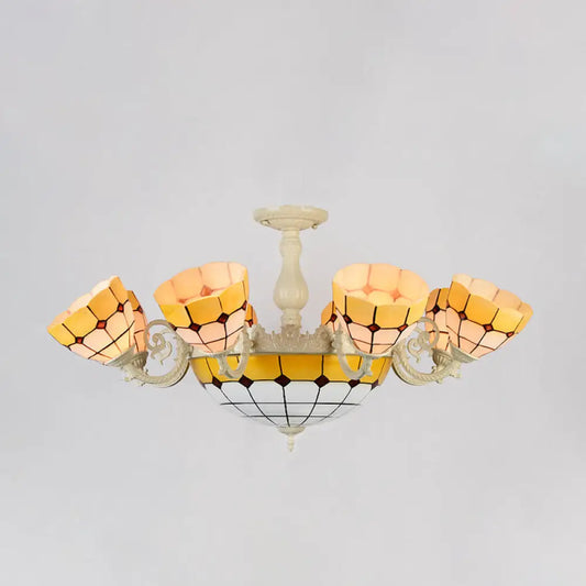 DecorBites™ DecorBites™ Tiffany Gold/White Stained Glass Semi Flush Mount Ceiling Light - Grid Pattern, 11 Heads