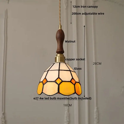 Vintage-style tiffany green and cream stained glass led pendant lamp with walnut iron canopy for dining room lighting