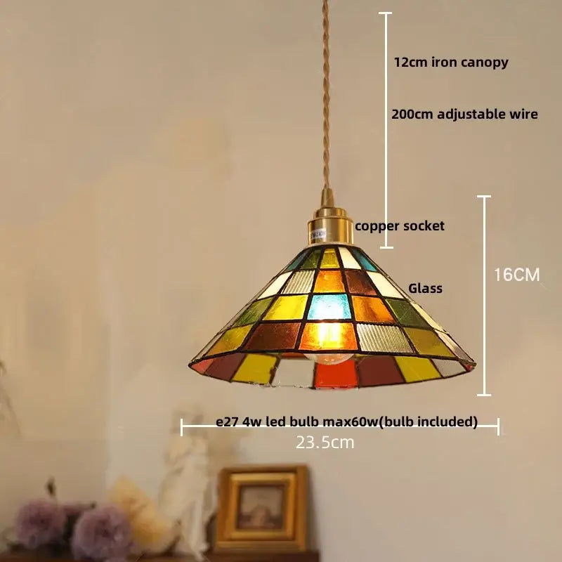 Tiffany green and cream stained glass led pendant lamp with copper socket and iron canopy for dining room lighting