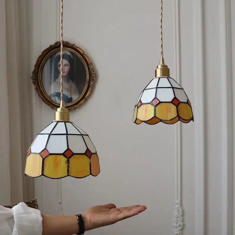 Yellow and white stained glass led pendant lamp with brass accents ideal for dining room lighting pendant lamp