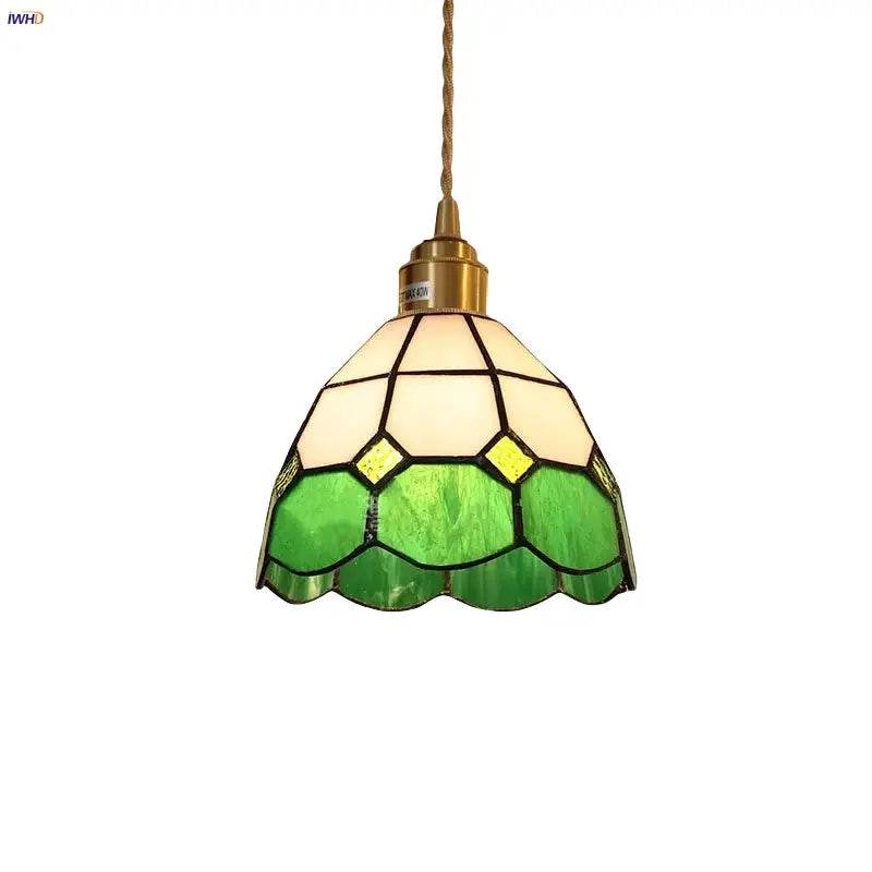 Tiffany green and cream stained glass led pendant lamp with brass finish for dining room lighting
