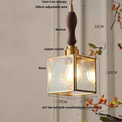Square glass led pendant lamp with brass frame walnut-finished iron canopy and copper socket for dining room use