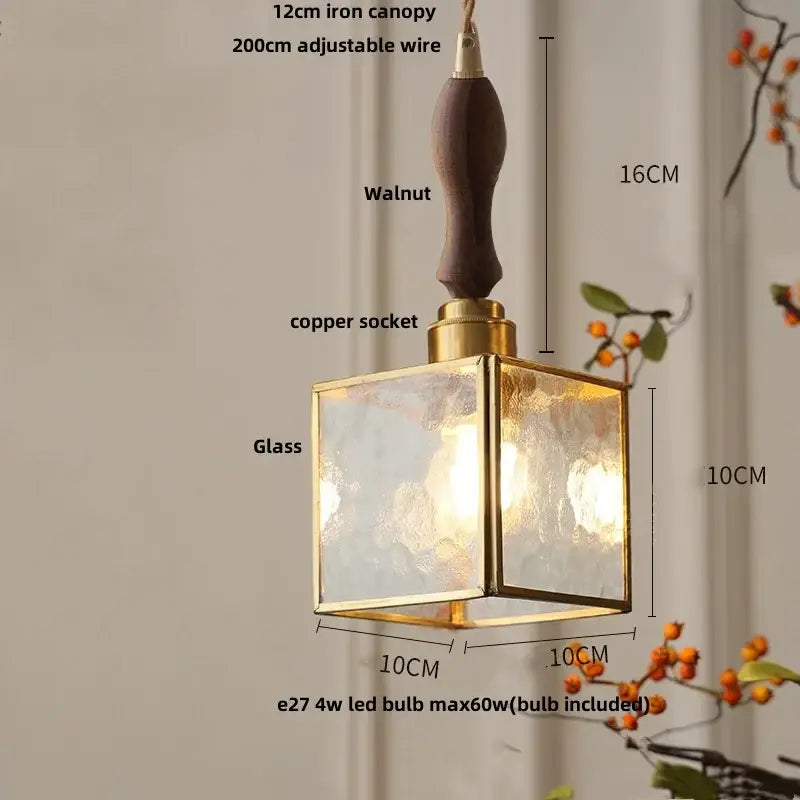 Square glass led pendant lamp with brass frame walnut-finished iron canopy and copper socket for dining room use