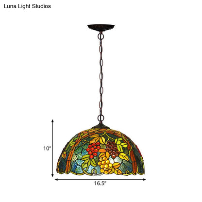 Tiffany Green Cut Glass Chandelier with Grape Pattern Pendant - 2 Bulbs Included