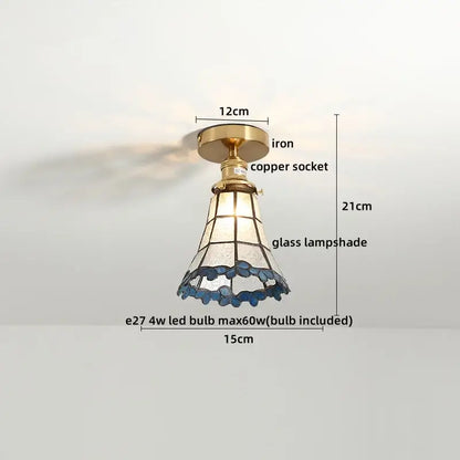 Tiffany green fish scale glass led ceiling lights with blue stained-glass lampshade on brass iron base for living room