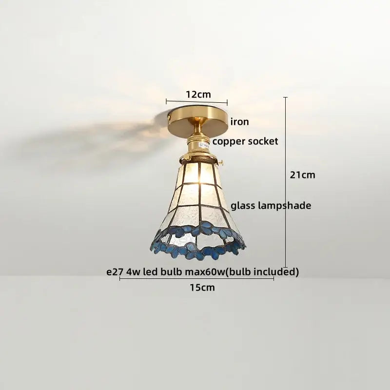Tiffany green fish scale glass led ceiling lights with blue stained-glass lampshade on brass iron base for living room