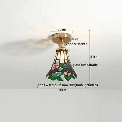 Tiffany green fish scale glass led ceiling lights with pink floral tiffany-style lampshade on brass iron base