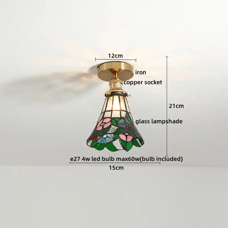 Tiffany green fish scale glass led ceiling lights with pink floral tiffany-style lampshade on brass iron base