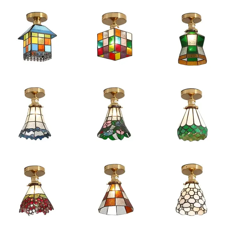Set of nine tiffany green fish scale glass led ceiling lights with brass fixtures for living room ceiling lights