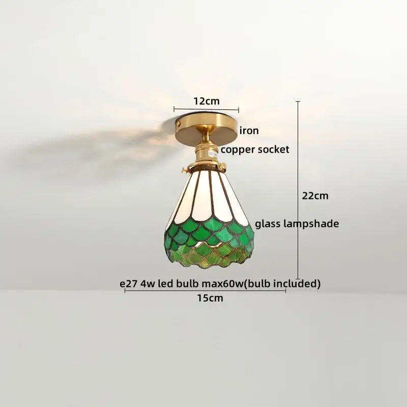 Green and white stained glass tiffany style ceiling lights with brass iron mounting for living room glass led ceiling lights