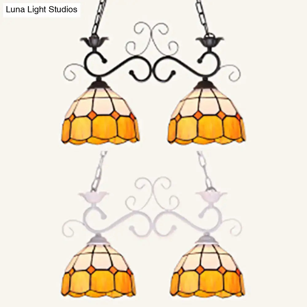 Ornate black metal DecorBites ceiling light with two amber cream stained glass shades ideal for dining room lighting