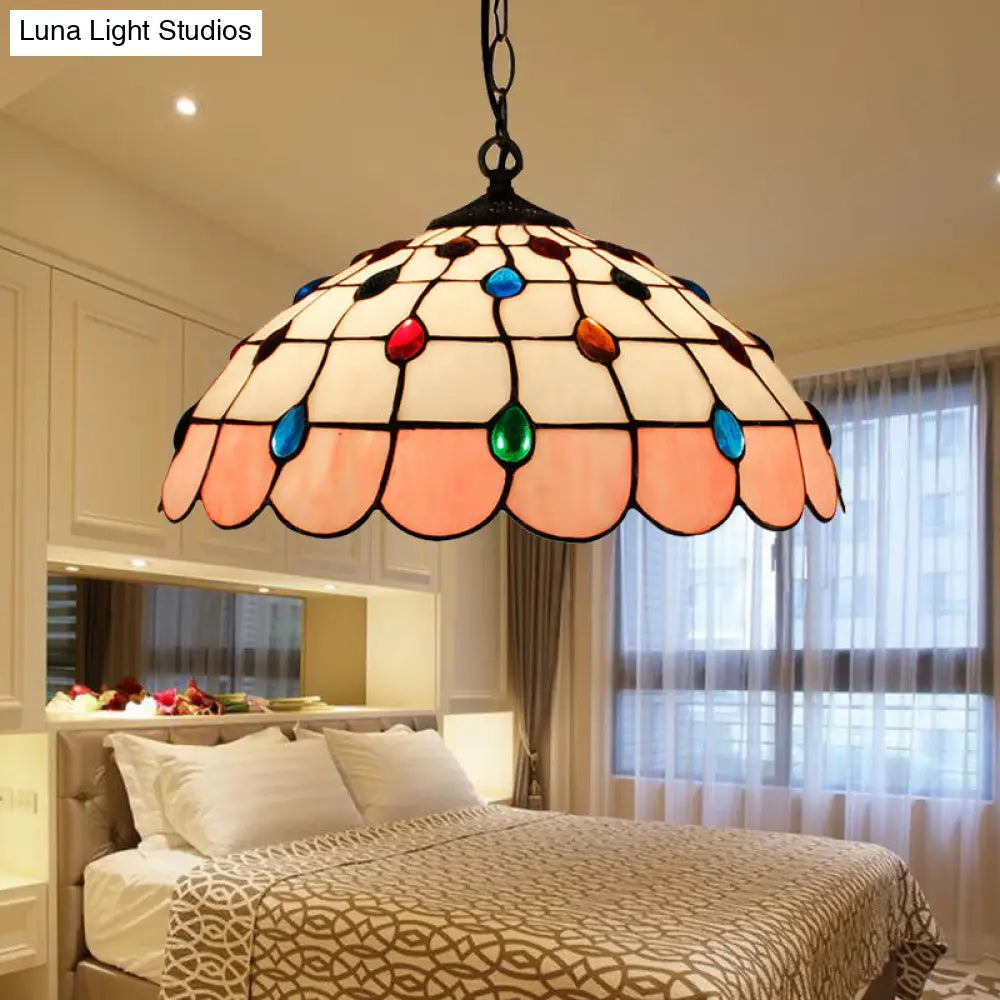 Tiffany Hand Rolled Art Glass Ceiling Light - Single Dome Pendant for Bedroom in Pink/Light Blue/Green