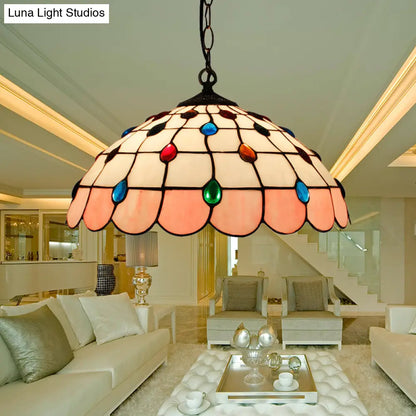 Tiffany Hand Rolled Art Glass Ceiling Light - Single Dome Pendant for Bedroom in Pink/Light Blue/Green