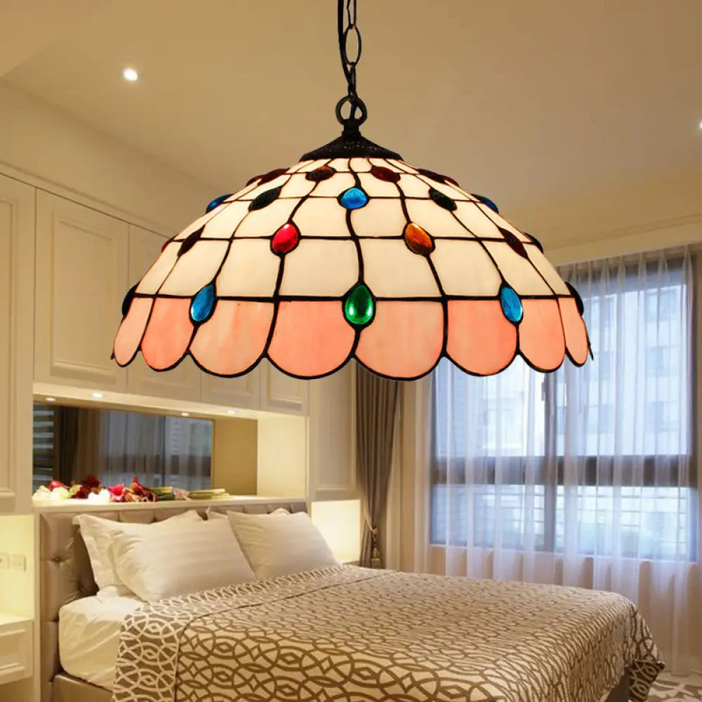 Tiffany Hand Rolled Art Glass Ceiling Light - Single Dome Pendant for Bedroom in Pink/Light Blue/Green