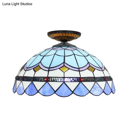 DecorBites™ DecorBites™ Tiffany Hand Rolled Art Glass Floral Flush Mount Light with Yellow/Blue Shade, 12"/16" W