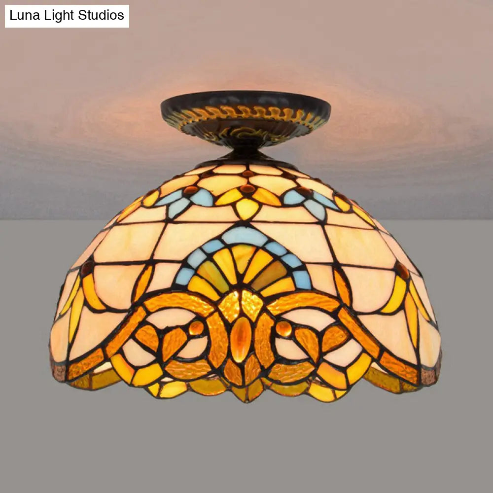 DecorBites™ DecorBites™ Tiffany Hand Rolled Art Glass Floral Flush Mount Light with Yellow/Blue Shade, 12"/16" W