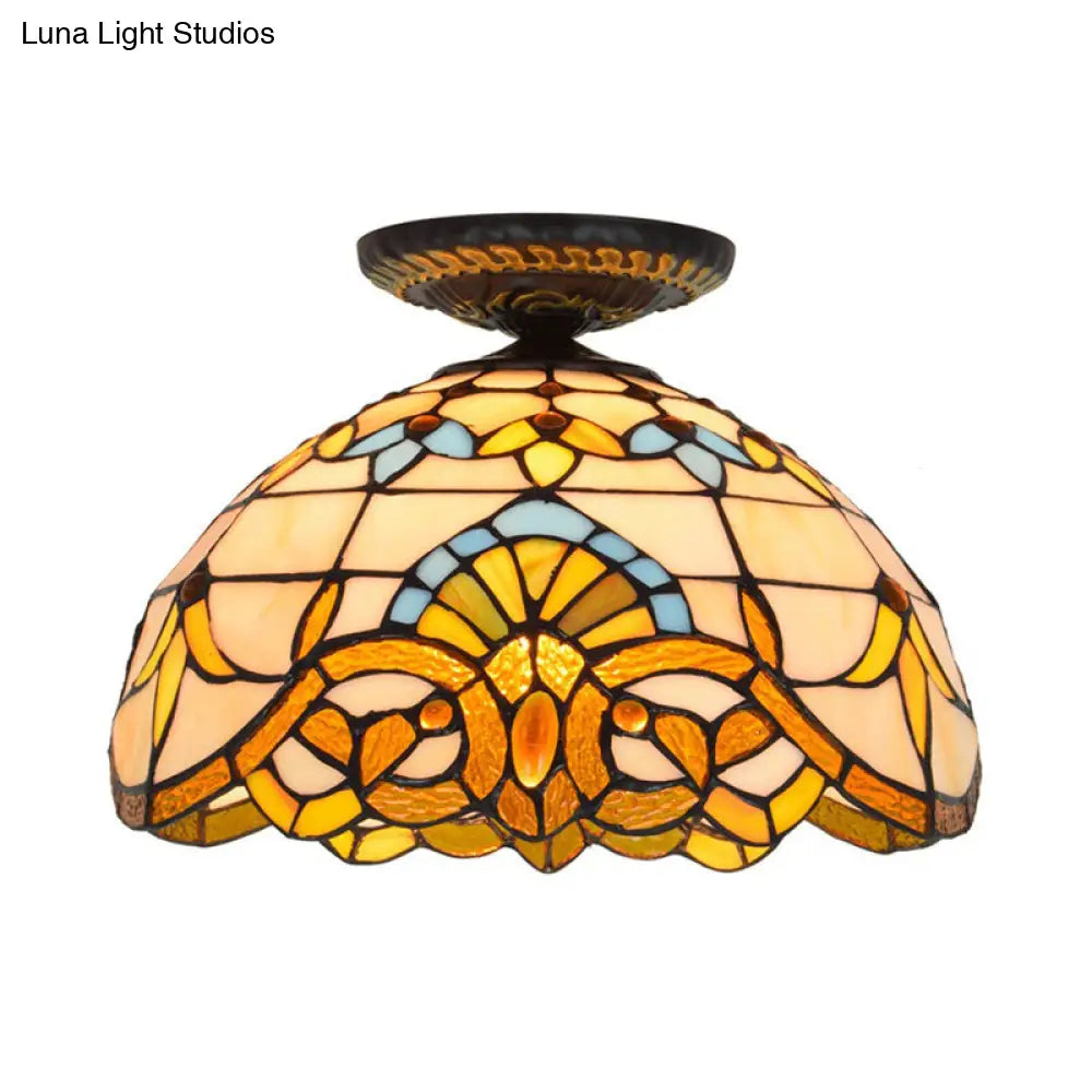 DecorBites™ DecorBites™ Tiffany Hand Rolled Art Glass Floral Flush Mount Light with Yellow/Blue Shade, 12"/16" W