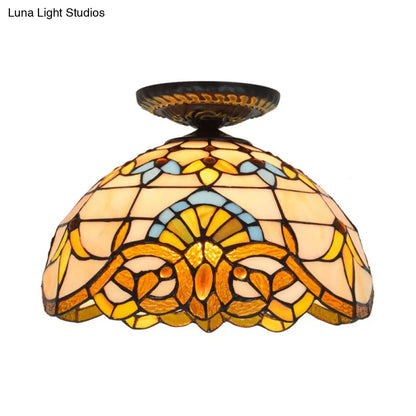 DecorBites™ DecorBites™ Tiffany Hand Rolled Art Glass Floral Flush Mount Light with Yellow/Blue Shade, 12"/16" W