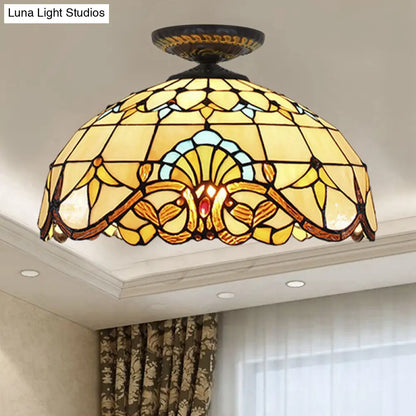 DecorBites™ DecorBites™ Tiffany Hand Rolled Art Glass Floral Flush Mount Light with Yellow/Blue Shade, 12"/16" W