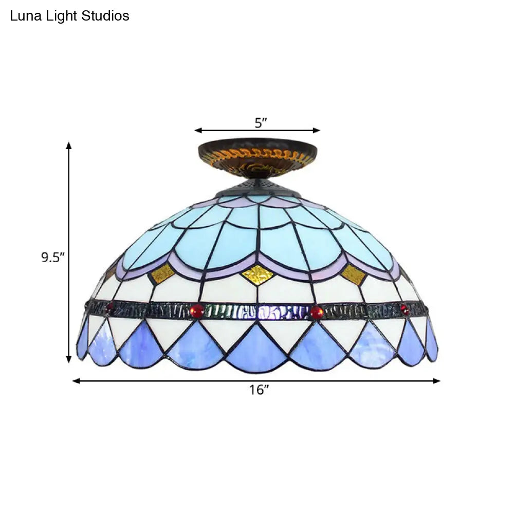 DecorBites™ DecorBites™ Tiffany Hand Rolled Art Glass Floral Flush Mount Light with Yellow/Blue Shade, 12"/16" W