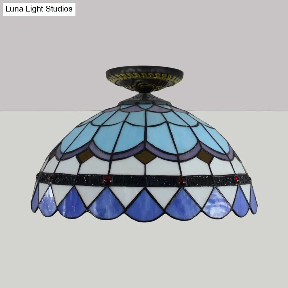 DecorBites™ DecorBites™ Tiffany Hand Rolled Art Glass Floral Flush Mount Light with Yellow/Blue Shade, 12"/16" W