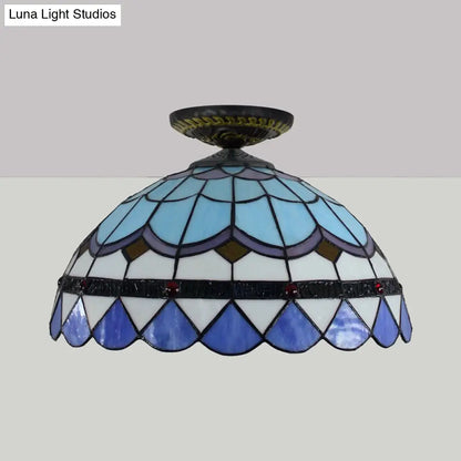 DecorBites™ DecorBites™ Tiffany Hand Rolled Art Glass Floral Flush Mount Light with Yellow/Blue Shade, 12"/16" W