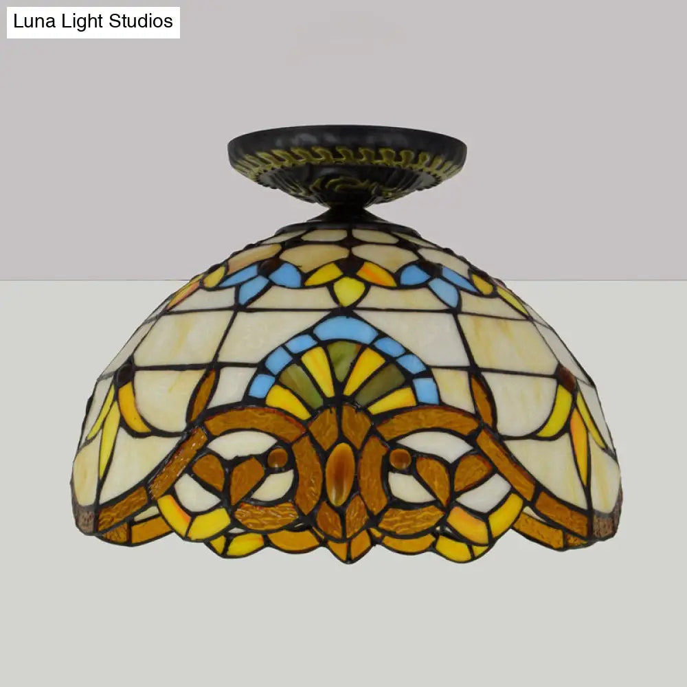 DecorBites™ DecorBites™ Tiffany Hand Rolled Art Glass Floral Flush Mount Light with Yellow/Blue Shade, 12"/16" W