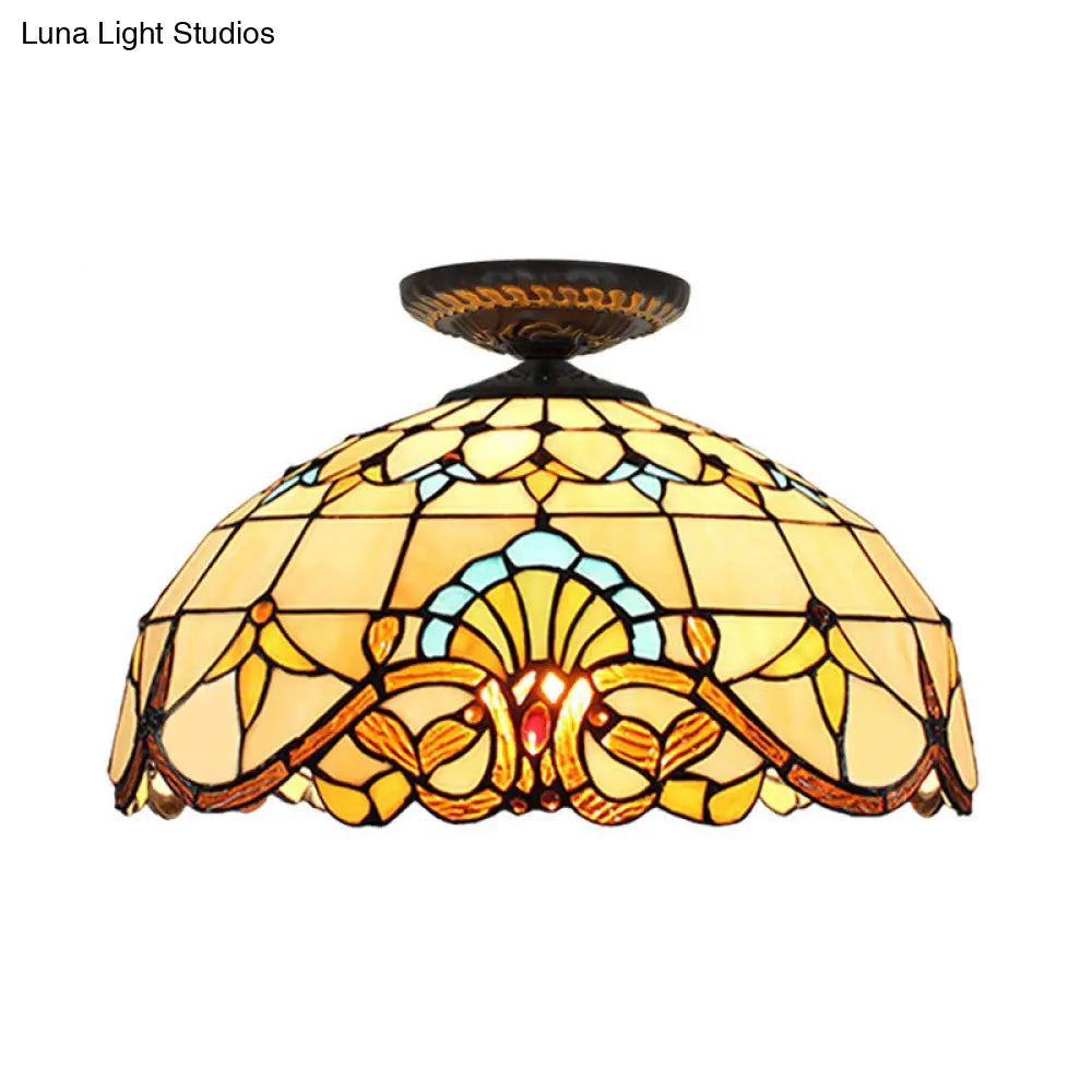 DecorBites™ DecorBites™ Tiffany Hand Rolled Art Glass Floral Flush Mount Light with Yellow/Blue Shade, 12"/16" W