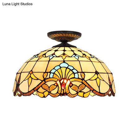 DecorBites™ DecorBites™ Tiffany Hand Rolled Art Glass Floral Flush Mount Light with Yellow/Blue Shade, 12"/16" W