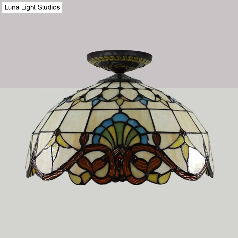 DecorBites™ DecorBites™ Tiffany Hand Rolled Art Glass Floral Flush Mount Light with Yellow/Blue Shade, 12"/16" W