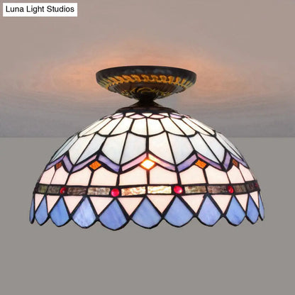 DecorBites™ DecorBites™ Tiffany Hand Rolled Art Glass Floral Flush Mount Light with Yellow/Blue Shade, 12"/16" W