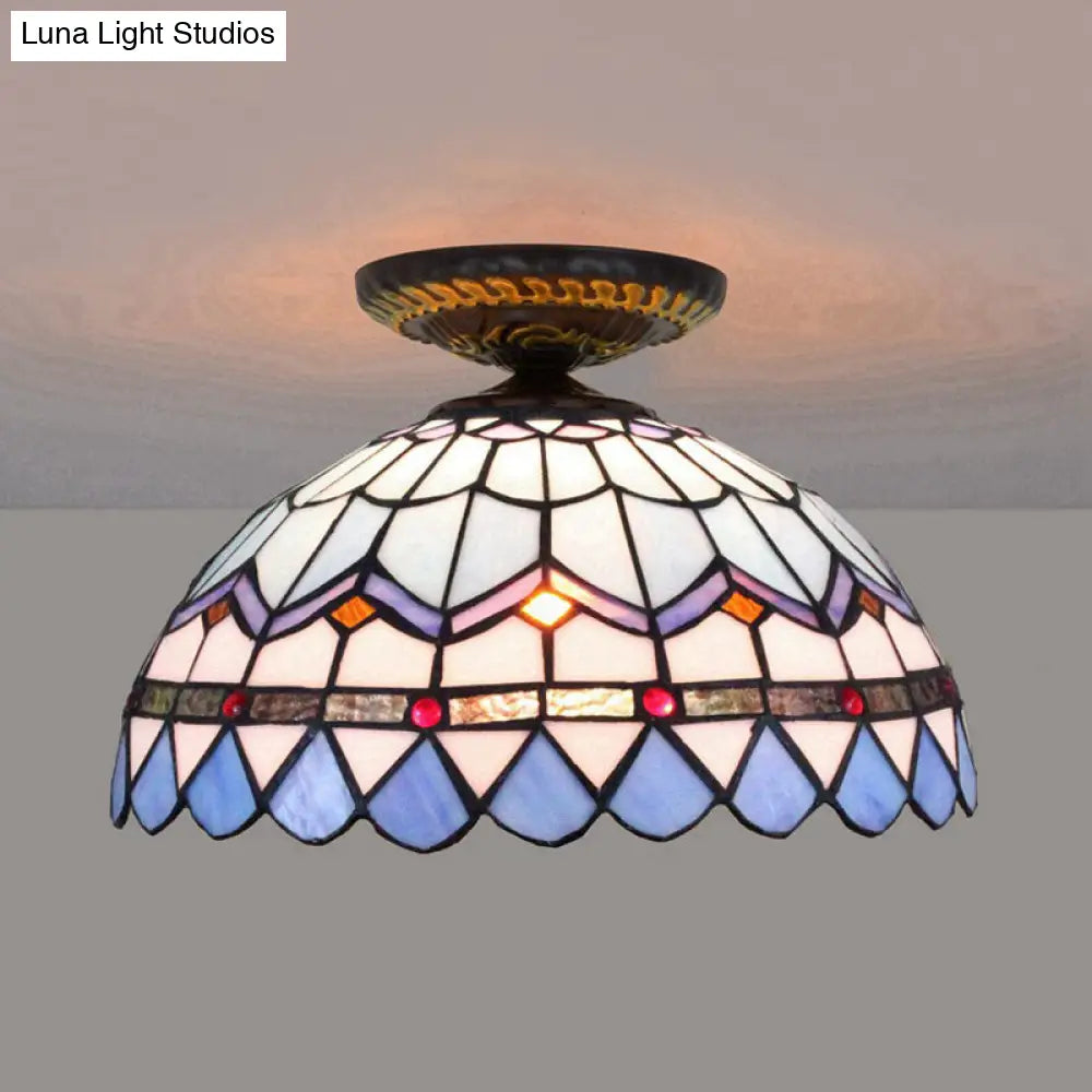 DecorBites™ DecorBites™ Tiffany Hand Rolled Art Glass Floral Flush Mount Light with Yellow/Blue Shade, 12"/16" W