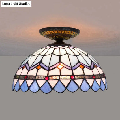 DecorBites™ DecorBites™ Tiffany Hand Rolled Art Glass Floral Flush Mount Light with Yellow/Blue Shade, 12"/16" W