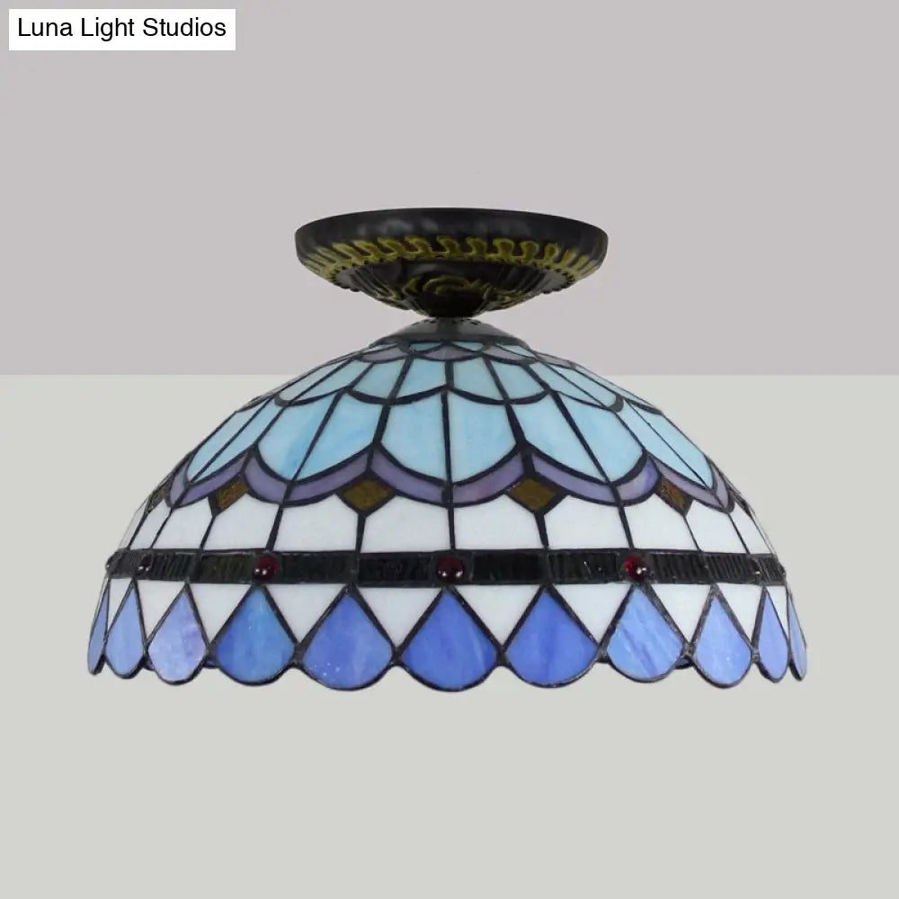 DecorBites™ DecorBites™ Tiffany Hand Rolled Art Glass Floral Flush Mount Light with Yellow/Blue Shade, 12"/16" W