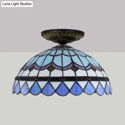 DecorBites™ DecorBites™ Tiffany Hand Rolled Art Glass Floral Flush Mount Light with Yellow/Blue Shade, 12"/16" W