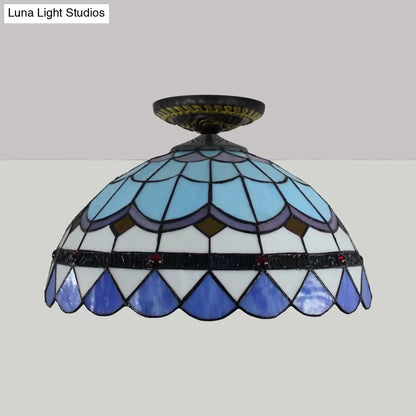 DecorBites™ DecorBites™ Tiffany Hand Rolled Art Glass Floral Flush Mount Light with Yellow/Blue Shade, 12"/16" W