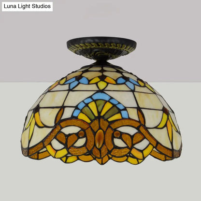 DecorBites™ DecorBites™ Tiffany Hand Rolled Art Glass Floral Flush Mount Light with Yellow/Blue Shade, 12"/16" W