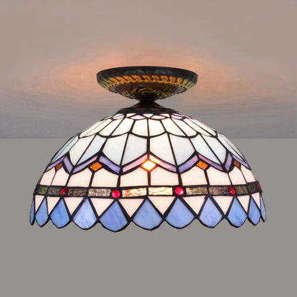 DecorBites™ DecorBites™ Tiffany Hand Rolled Art Glass Floral Flush Mount Light with Yellow/Blue Shade, 12"/16" W