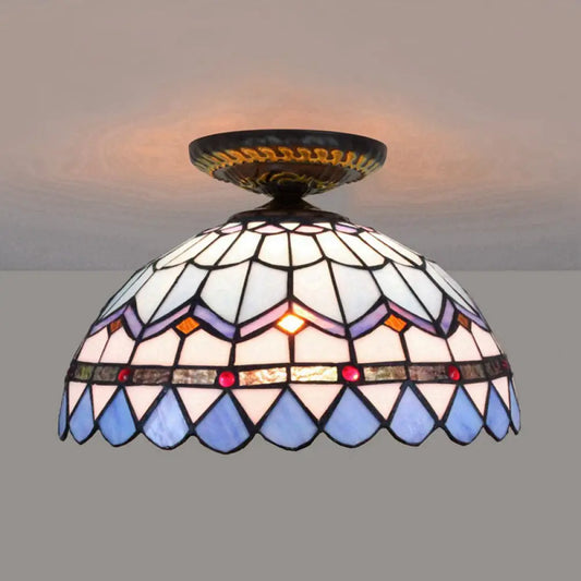DecorBites™ DecorBites™ Tiffany Hand Rolled Art Glass Floral Flush Mount Light with Yellow/Blue Shade, 12"/16" W