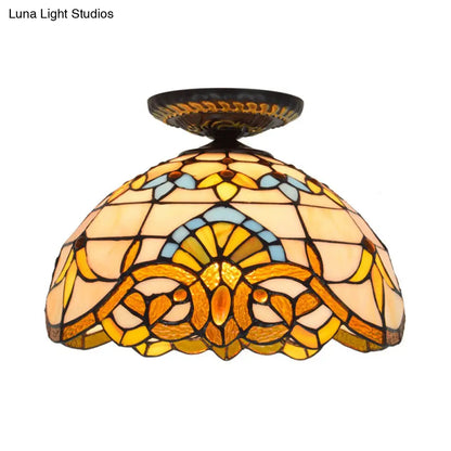 DecorBites™ DecorBites™ Tiffany Hand Rolled Art Glass Floral Flush Mount Light with Yellow/Blue Shade, 12"/16" W
