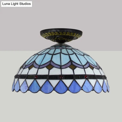 DecorBites™ DecorBites™ Tiffany Hand Rolled Art Glass Floral Flush Mount Light with Yellow/Blue Shade, 12"/16" W