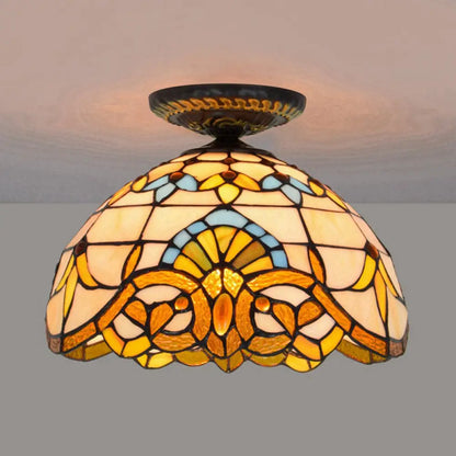 DecorBites™ DecorBites™ Tiffany Hand Rolled Art Glass Floral Flush Mount Light with Yellow/Blue Shade, 12"/16" W