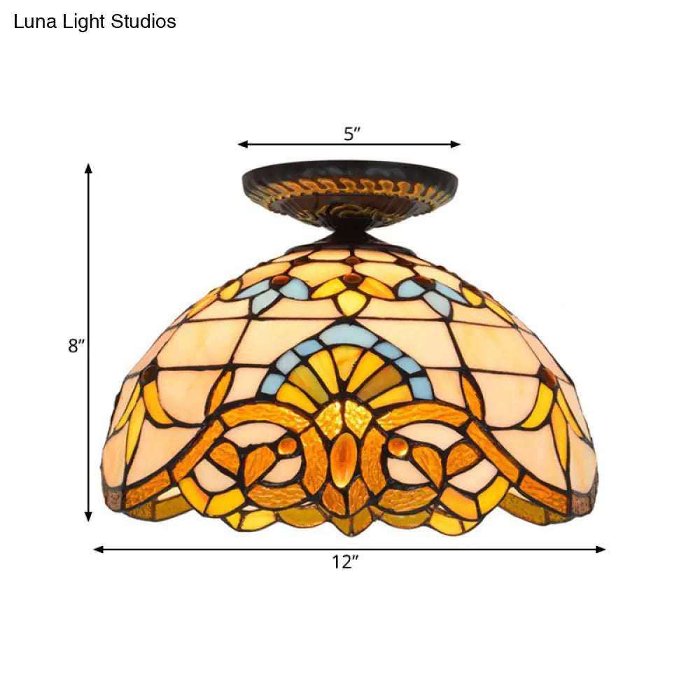 DecorBites™ DecorBites™ Tiffany Hand Rolled Art Glass Floral Flush Mount Light with Yellow/Blue Shade, 12"/16" W